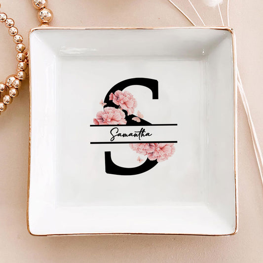 Alphabet With Birth Month Flower - Personalized Jewelry Dish