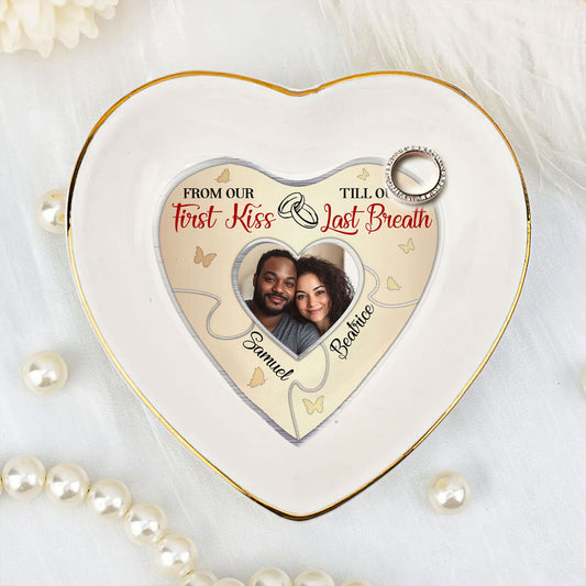 From Our First Kiss Till Our Last Breath Couple Photo - Personalized Heart Shaped Jewelry Dish